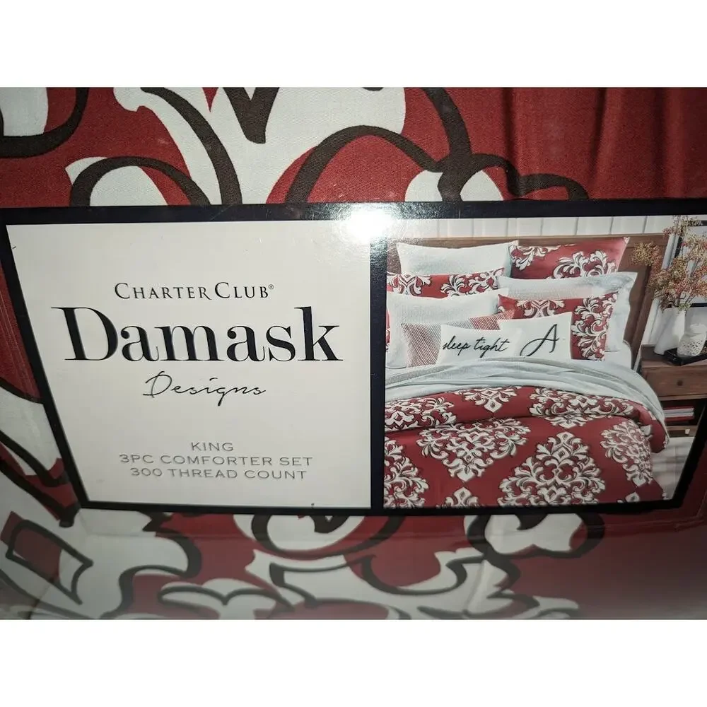 Charter Club Damask Designs Outline  3 PC Duvet Cover Set Maroon Red King NEW